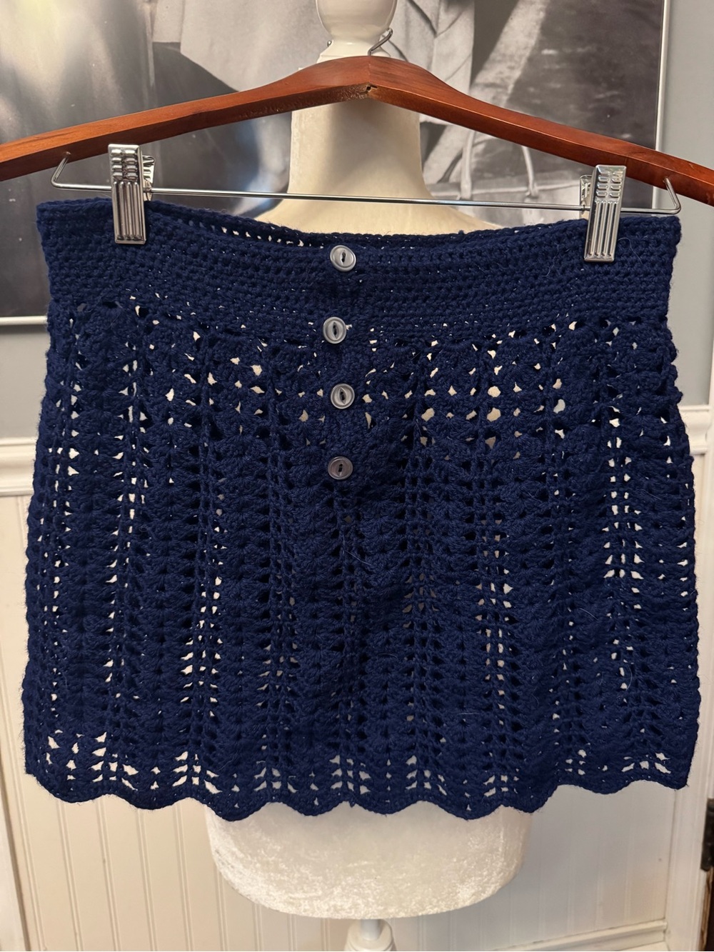 Crochet Handmade Navy Blue Mini Skirt Buttons Small Scalloped Hem Cottagecore